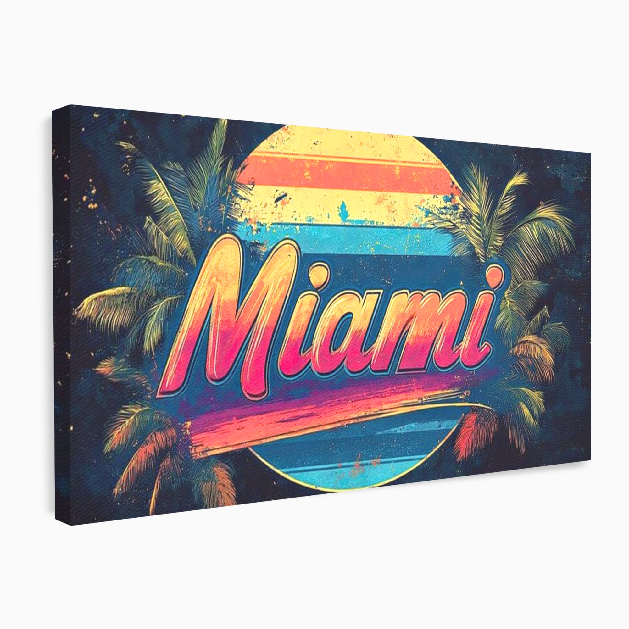 Tablou canvas cu ilustratie retro miami cu soare si palmieri, fara rama, pe sasiu de lemn